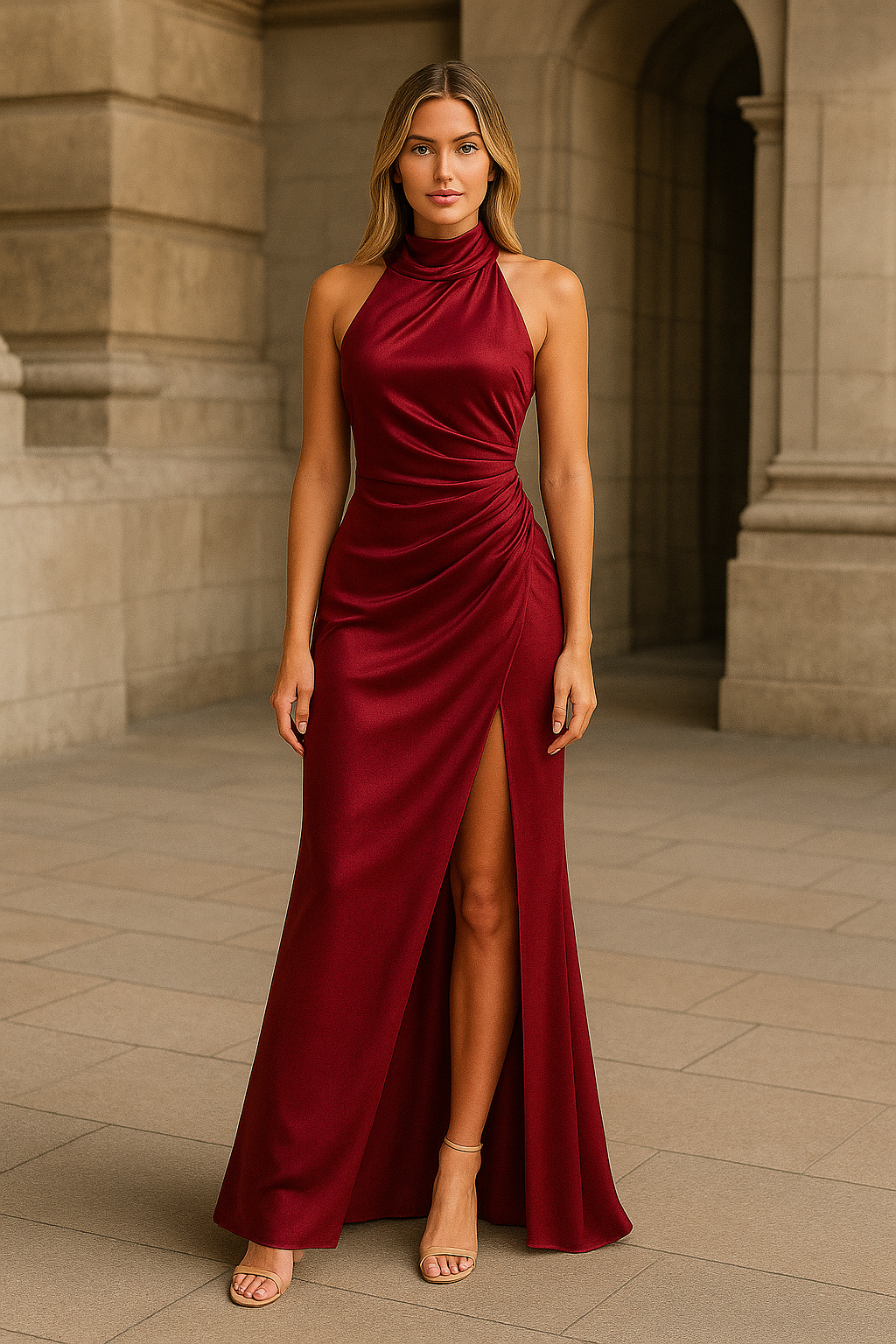 AMÉLIE – SATINIERTES MAXIKLEID MIT HOHEM SCHLITZ & RAFFUNGEN 3