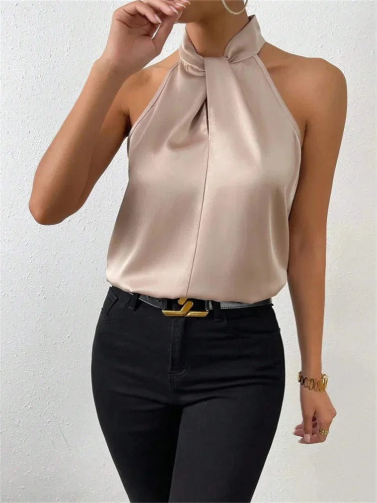 MALI – ÄRMELLOSE SATINBLUSE MIT HALS-BINDUNG IN KHAKI 4