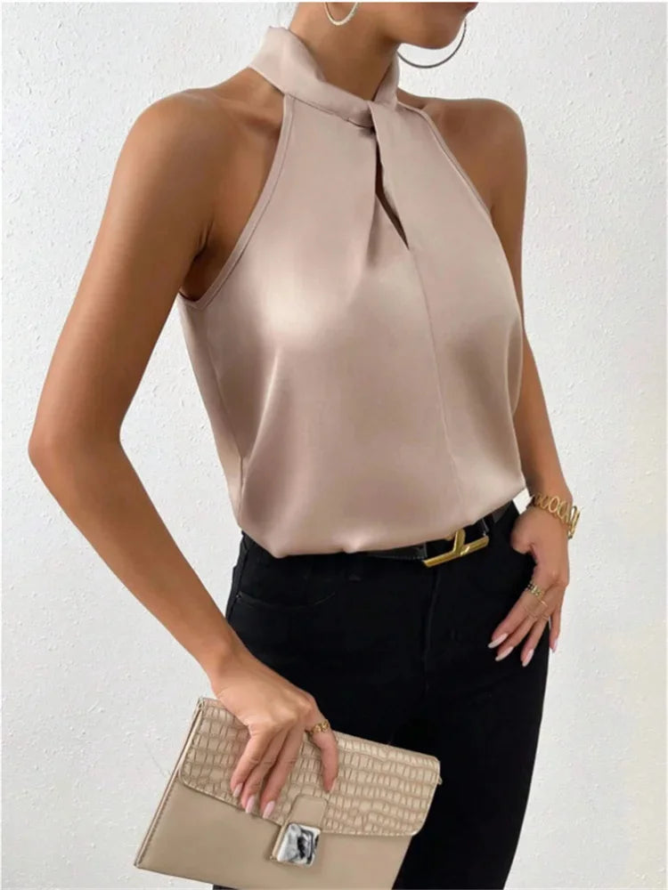 MALI – ÄRMELLOSE SATINBLUSE MIT HALS-BINDUNG IN KHAKI 3