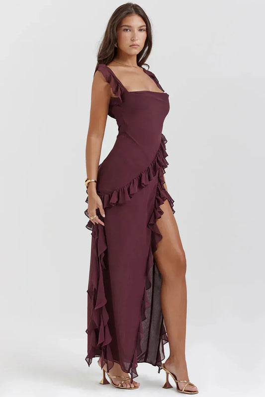 ALINA – RÜSCHEN MAXIKLEID MIT BEINSCHLITZ 1