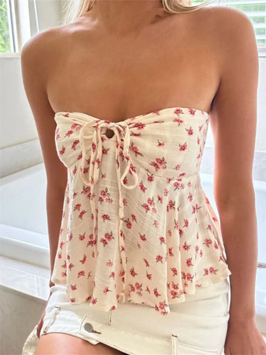 MALIA – TRÄGERLOSE RÜSCHEN-WESTE MIT FLORALEM PRINT AUS BAUMWOLLE 1