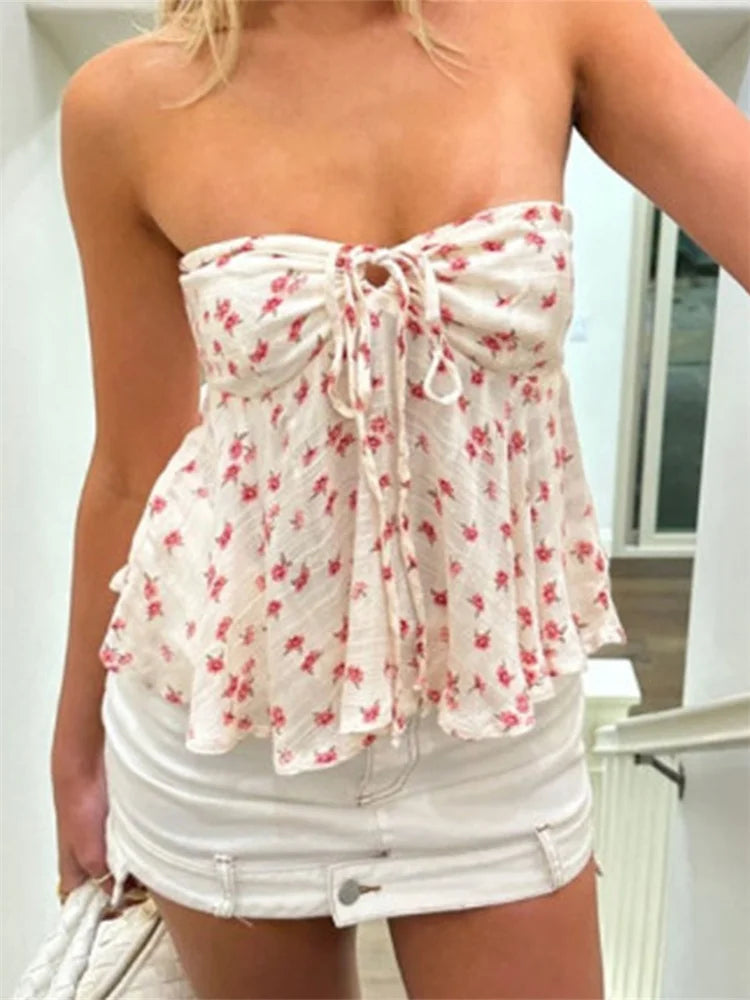 MALIA – TRÄGERLOSE RÜSCHEN-WESTE MIT FLORALEM PRINT AUS BAUMWOLLE 2