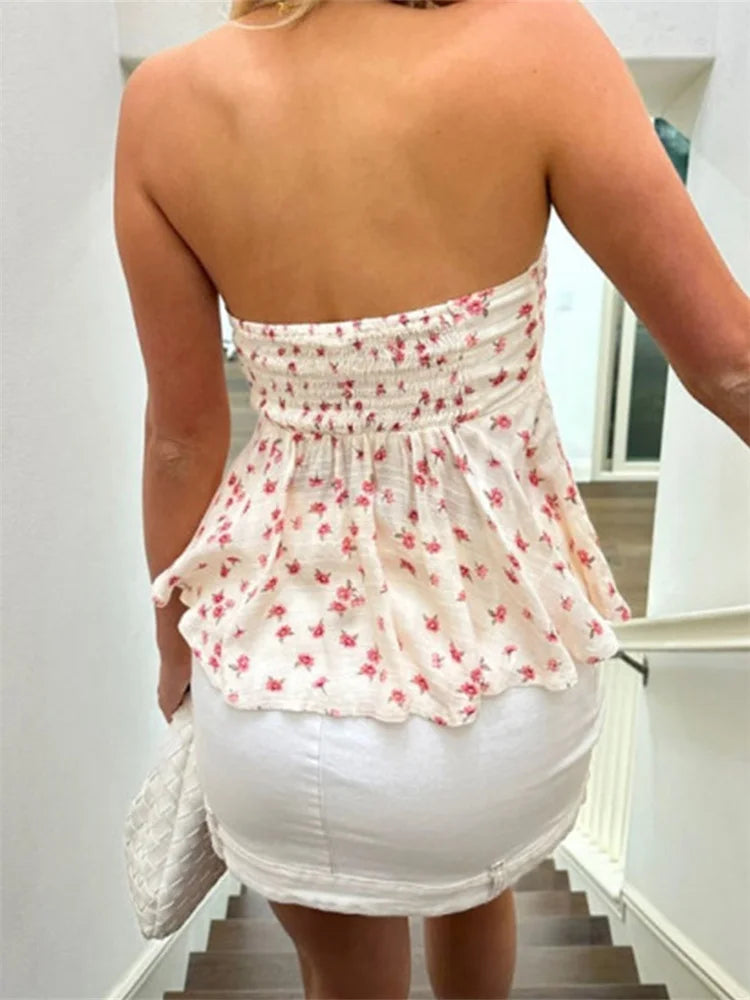 MALIA – TRÄGERLOSE RÜSCHEN-WESTE MIT FLORALEM PRINT AUS BAUMWOLLE 3